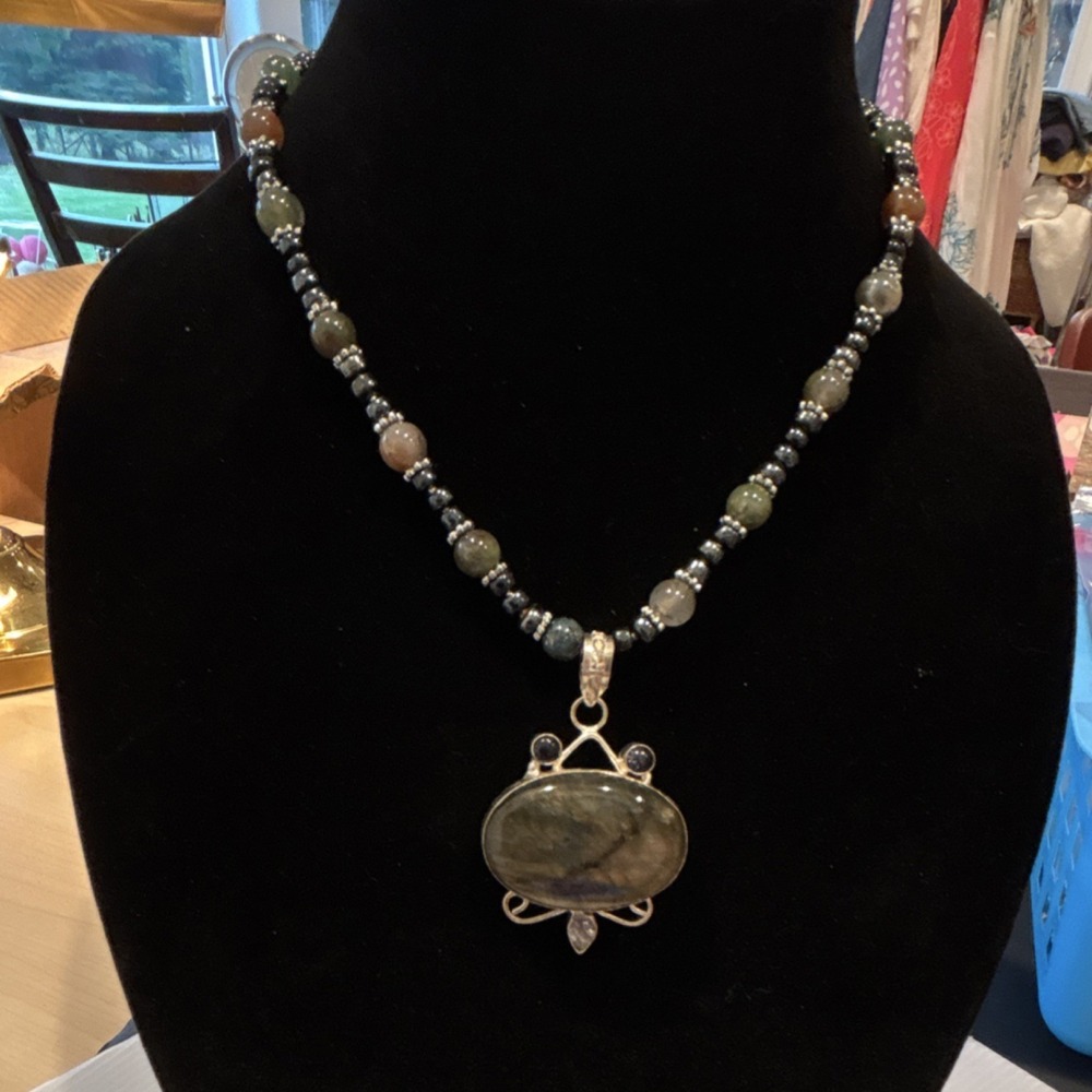 Labradorite Beaded Necklace, Handcrafted, Toggle Closure, Oval Pendant